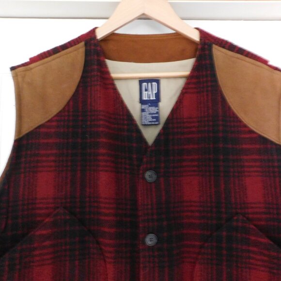 Vintage Gap Wool Blend Vest Hunting Red Buffalo Plaid Leather Size Large - Picture 2 of 6